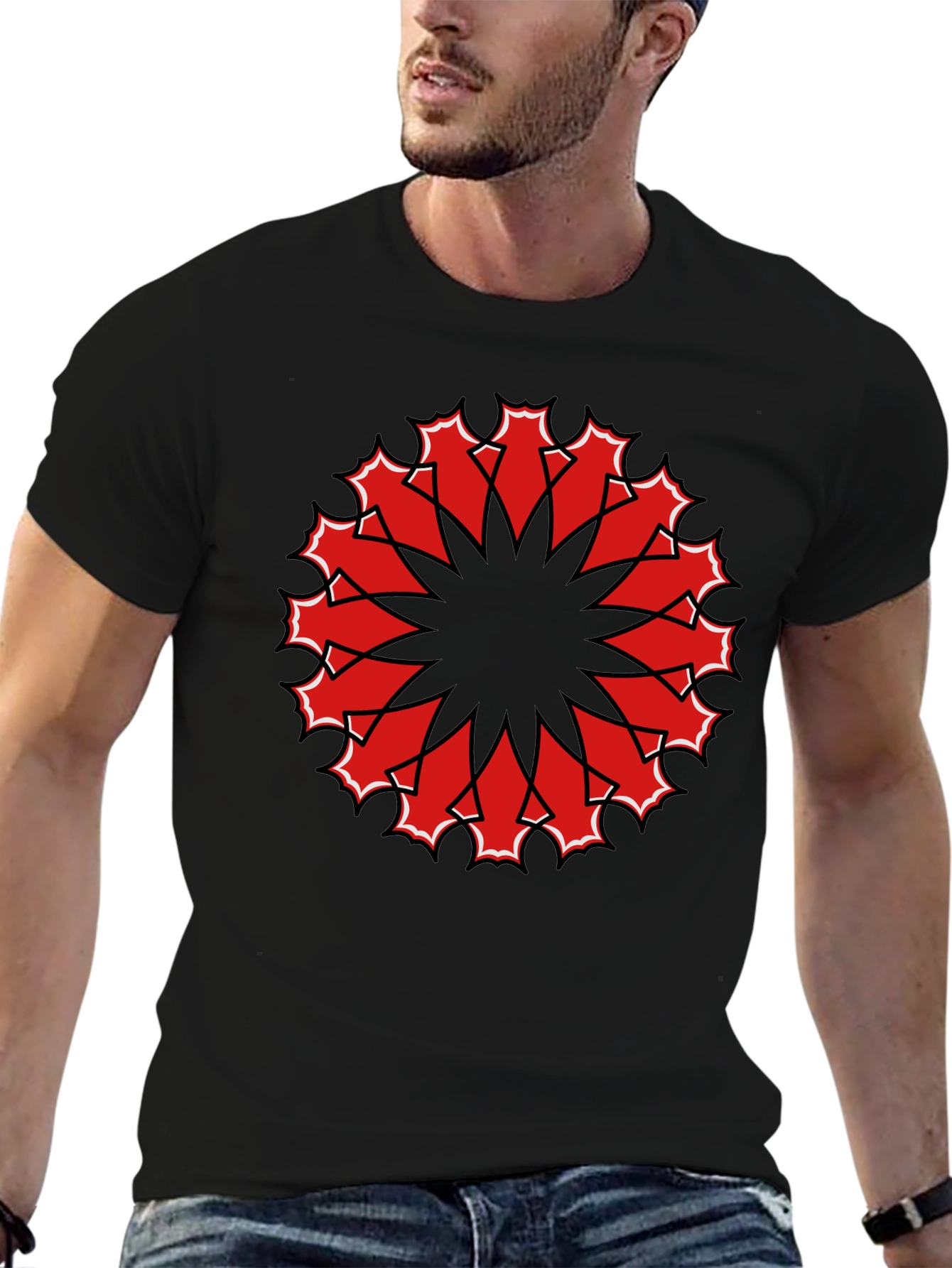 Black Tee with Red Geometric Mandala Design