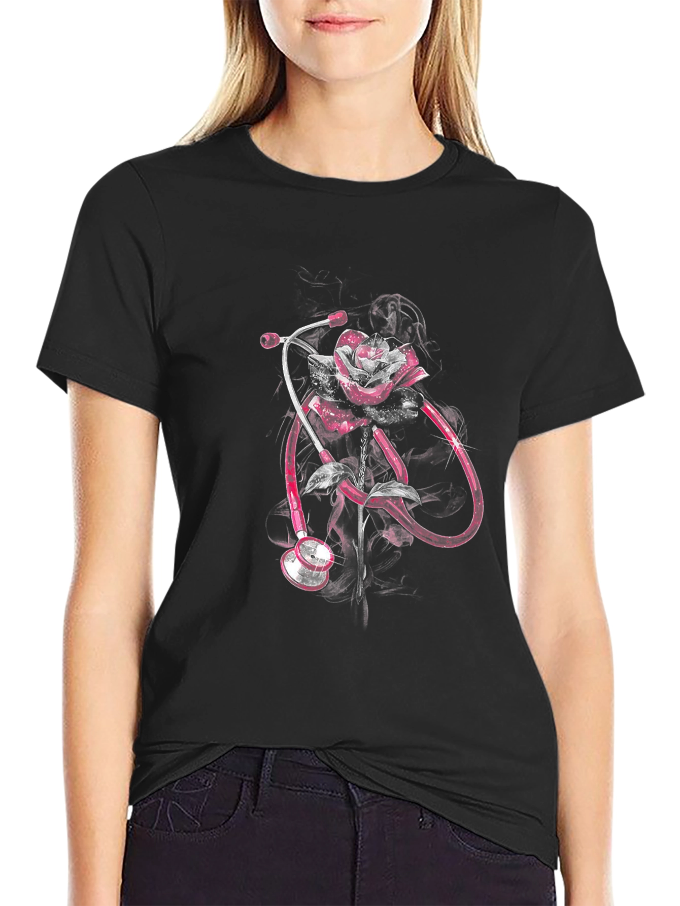 Rose Stethoscope Graphic Tee - Medical Professional Apparel