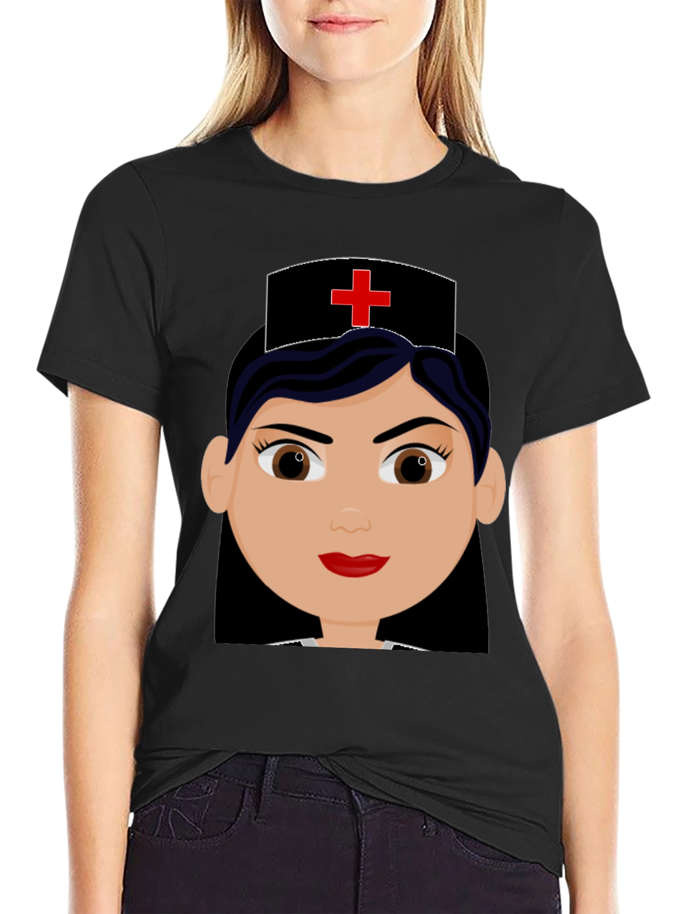 Nurse Cartoon Graphic Black Tee