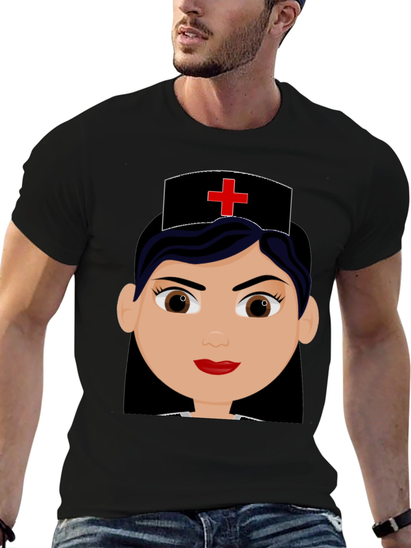 Nurse Cartoon Graphic Black Tee