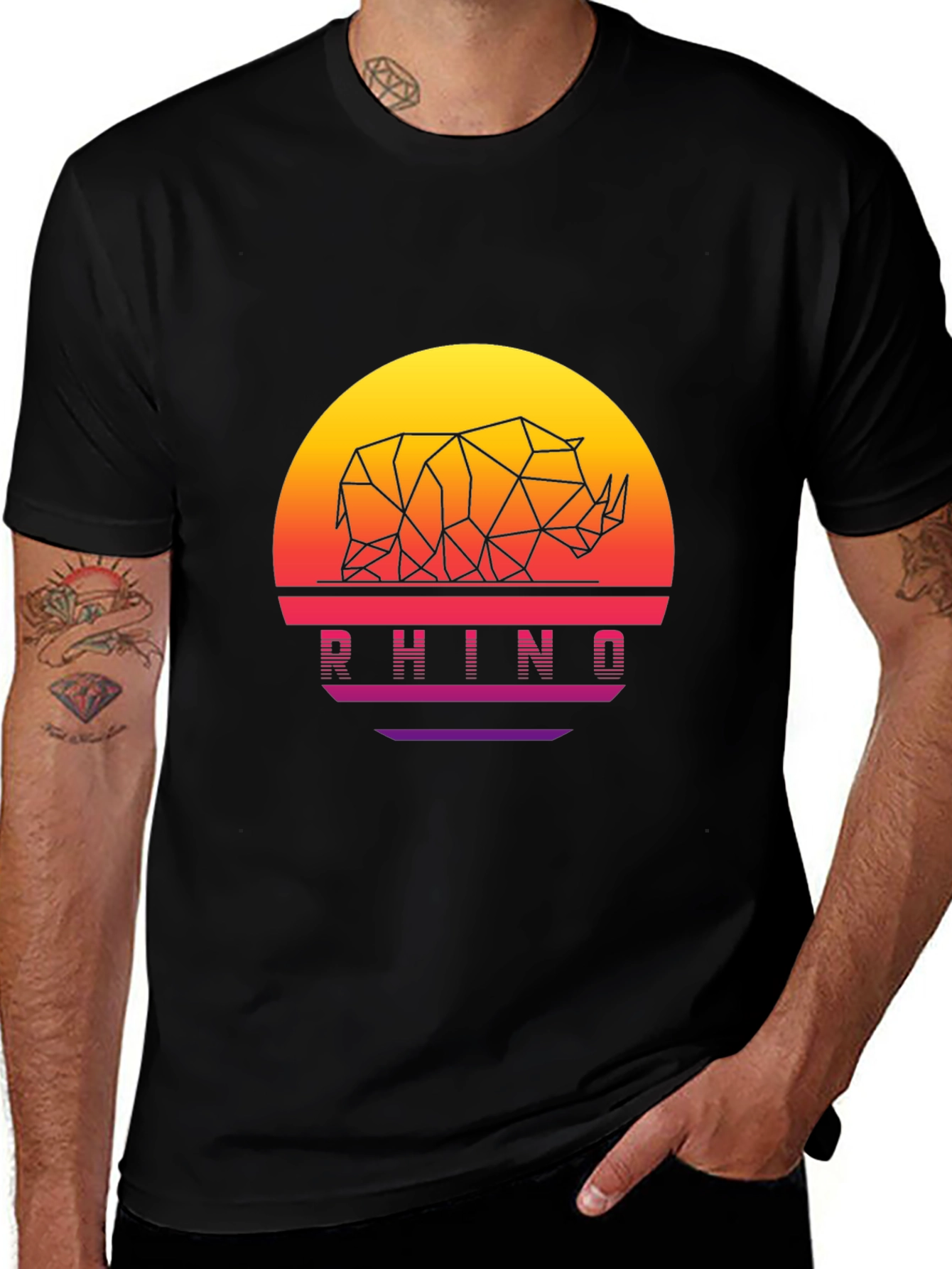Geometric Rhino Sunset Black T-Shirt