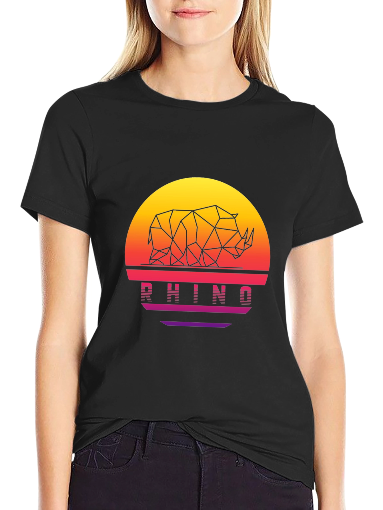Geometric Rhino Sunset Black T-Shirt
