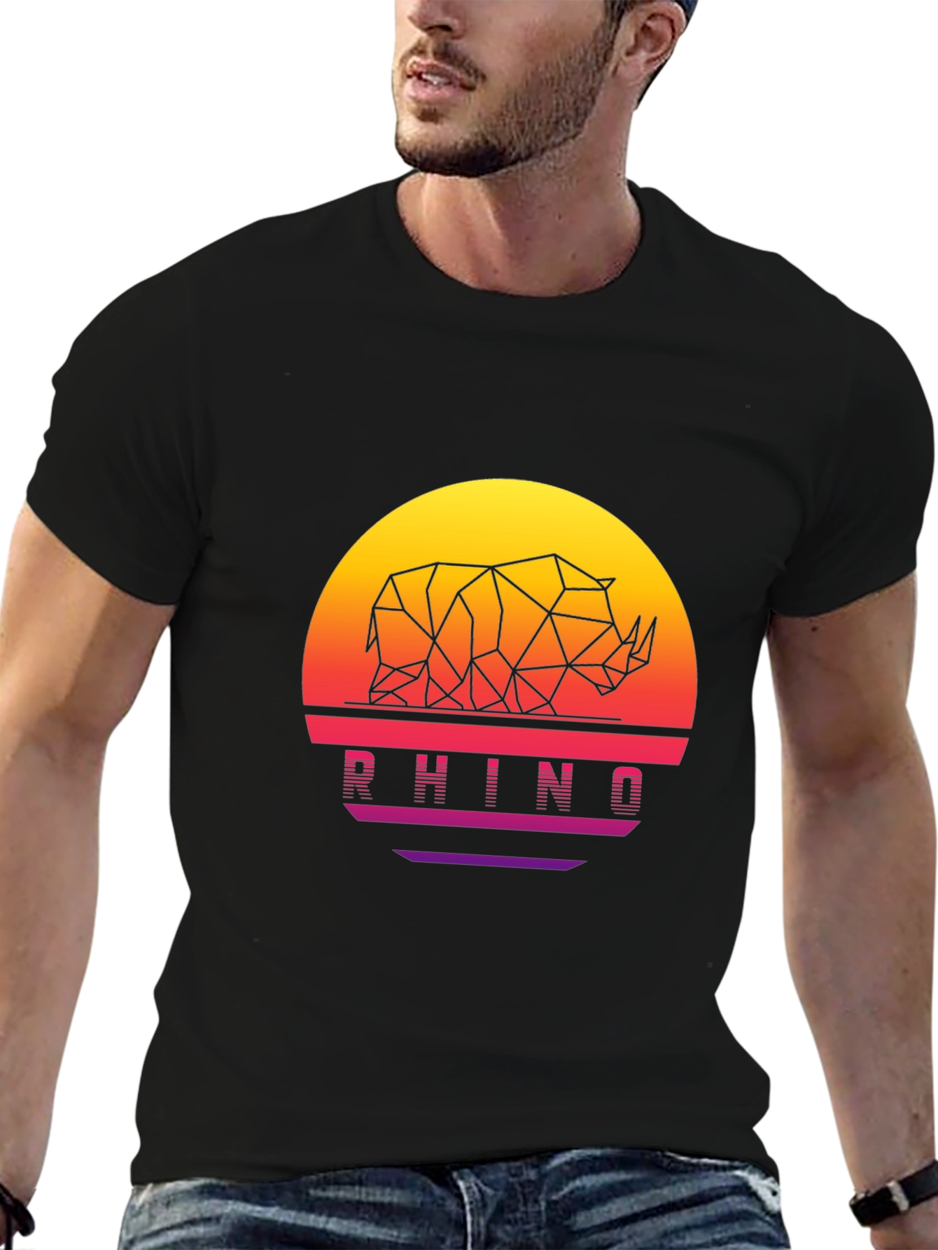 Geometric Rhino Sunset Black T-Shirt