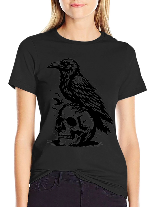 Raven on Skull Graphic Tee - Gothic Style Black T-Shirt