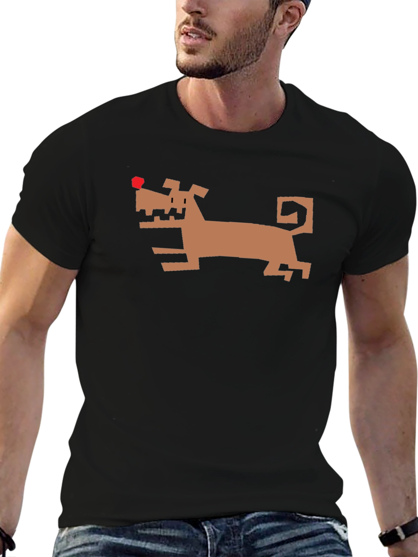 Geometric Dog Graphic Tee - Black Cotton Shirt