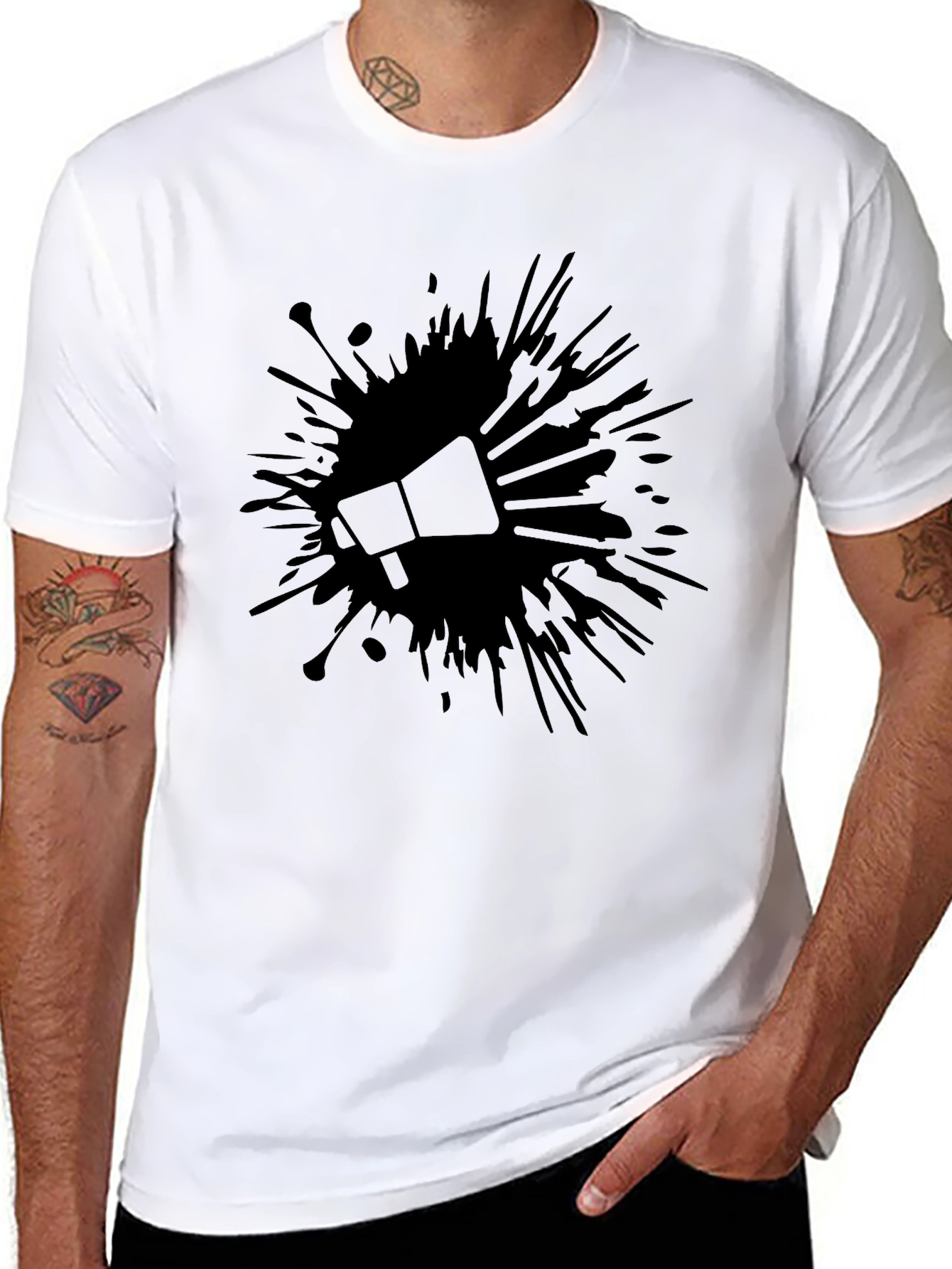 Bold Black Tee: Megaphone Splash Design