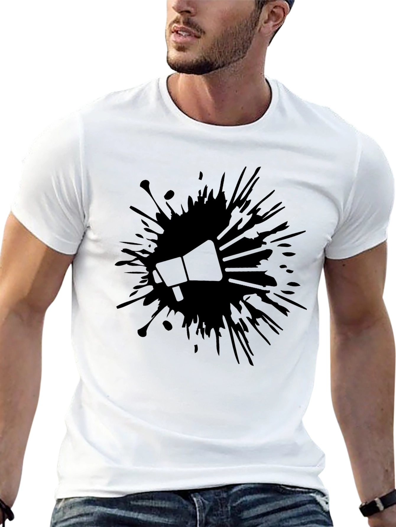 Bold Black Tee: Megaphone Splash Design