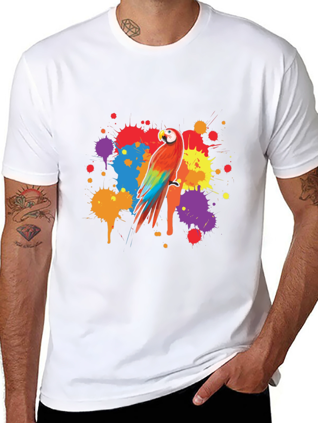 Vibrant Parrot Graphic Tee - Stylish Mens Black T-Shirt