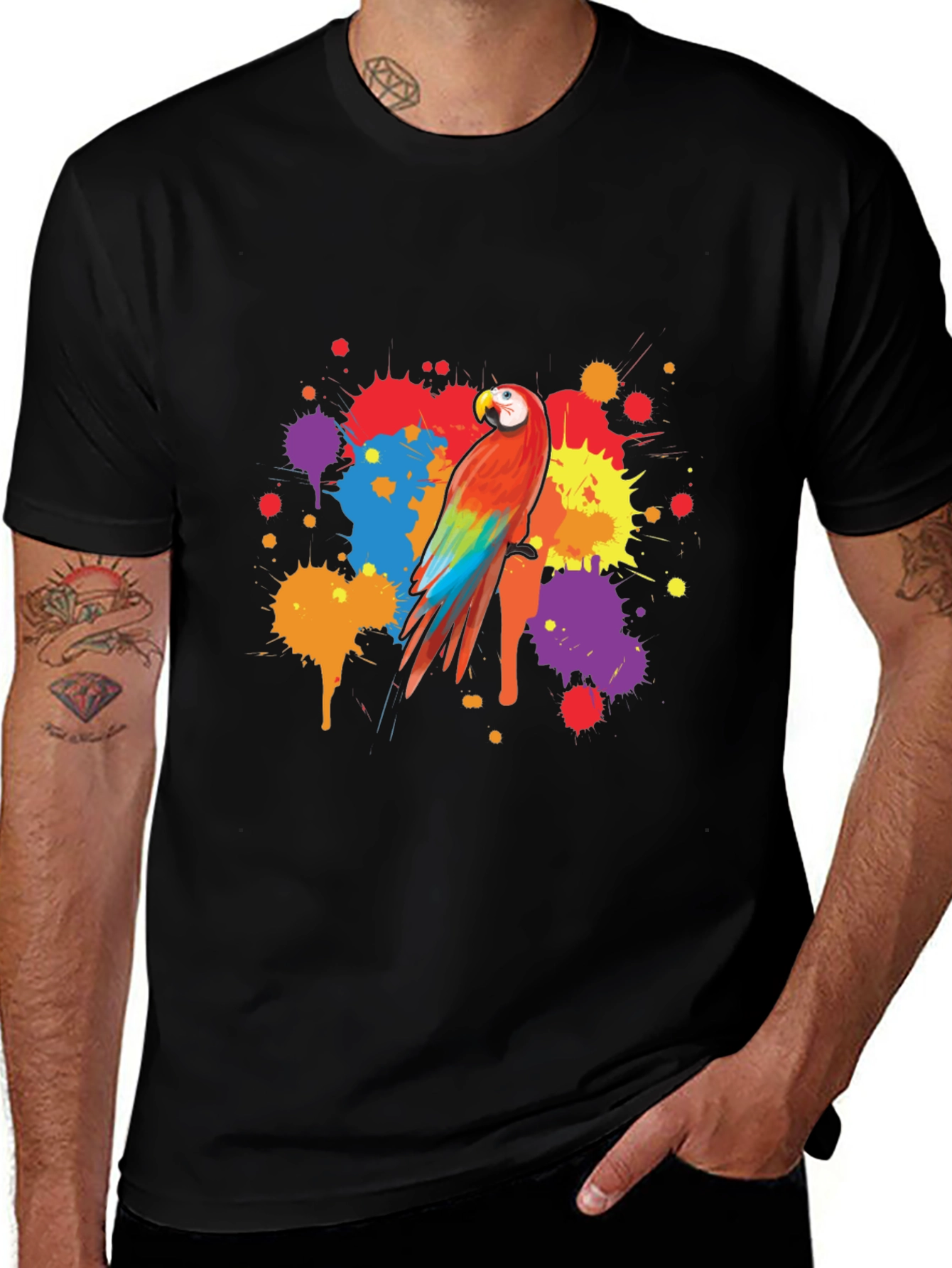 Vibrant Parrot Graphic Tee - Stylish Mens Black T-Shirt