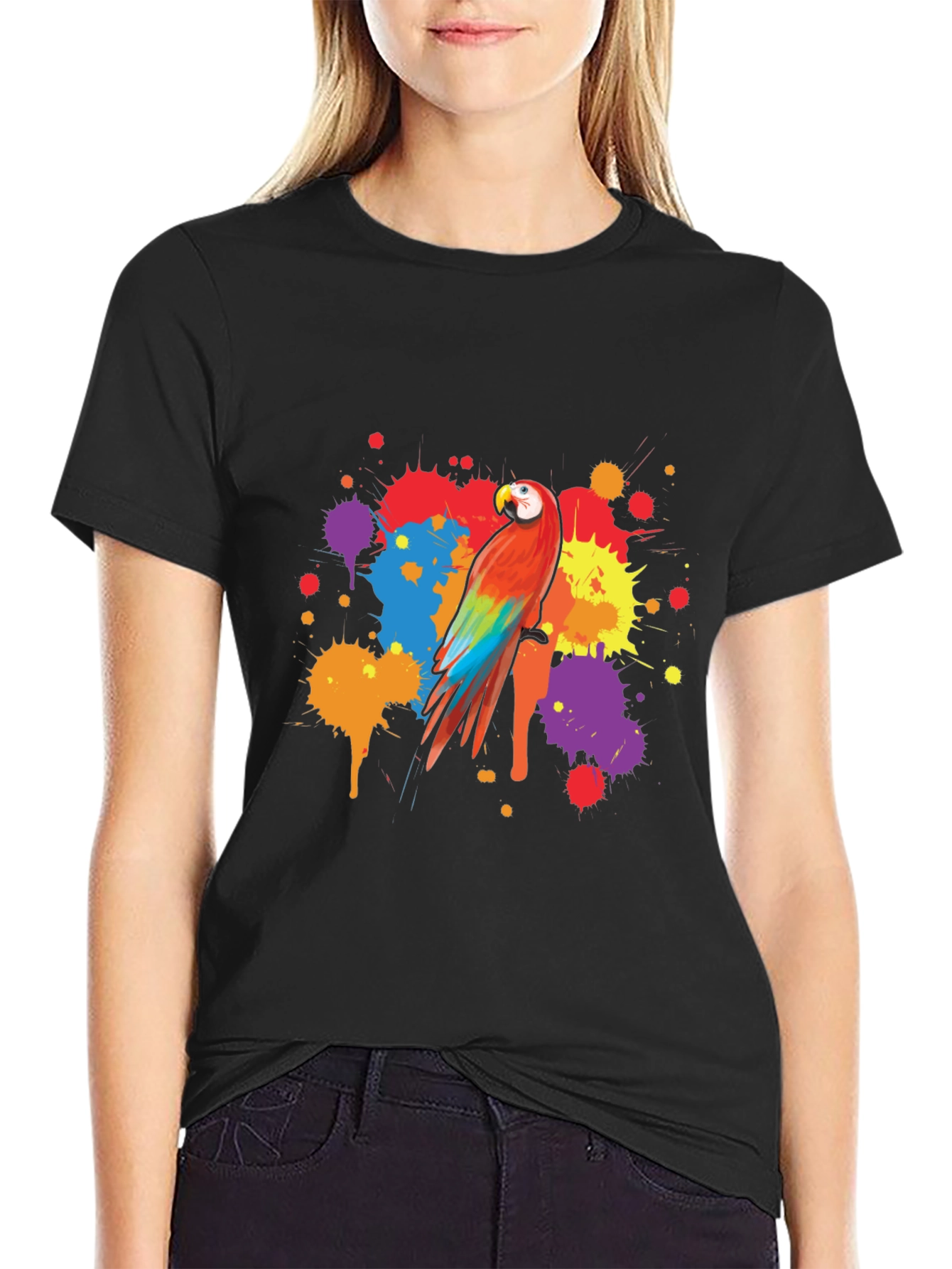 Vibrant Parrot Graphic Tee - Stylish Mens Black T-Shirt