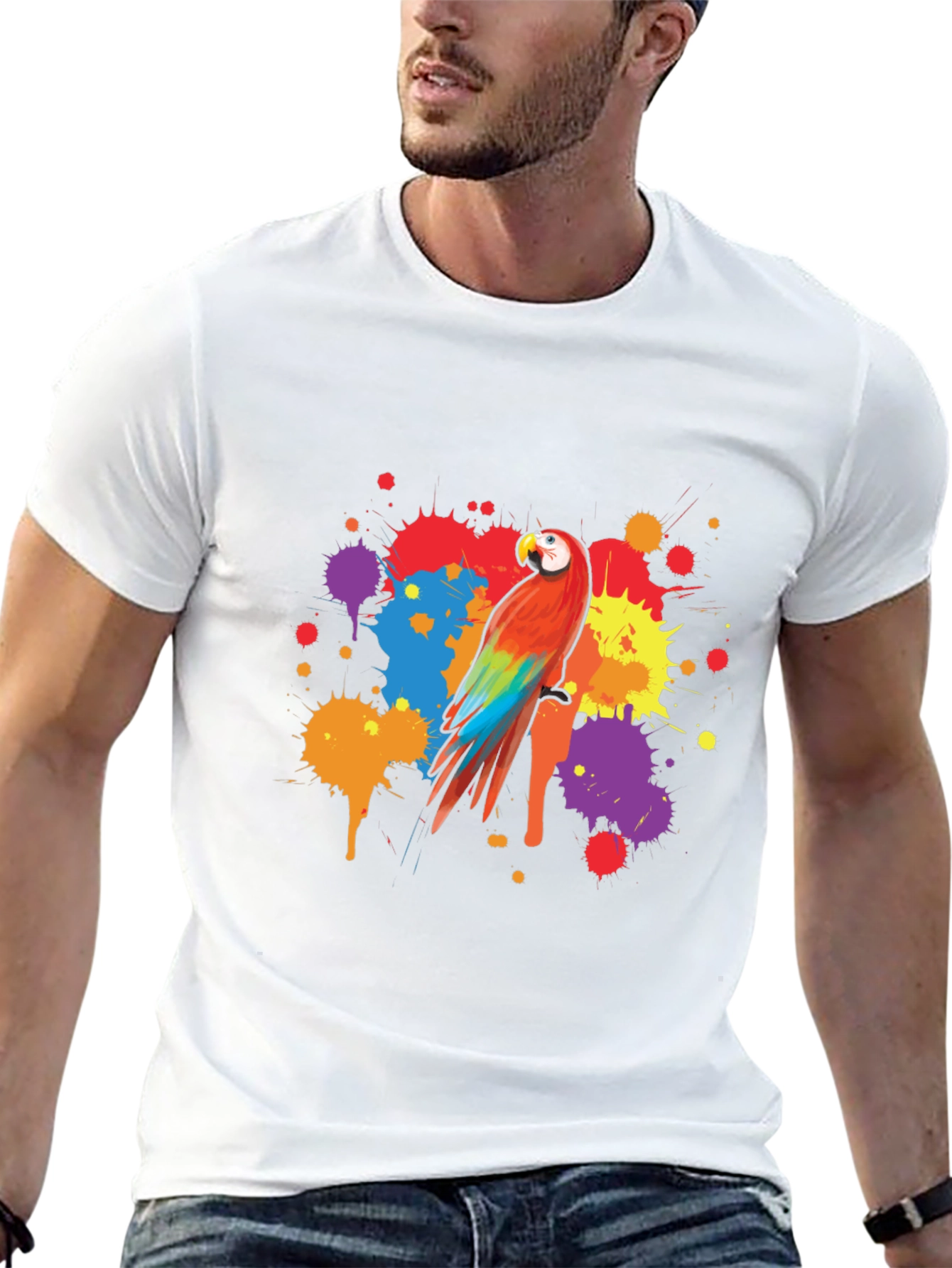 Vibrant Parrot Graphic Tee - Stylish Mens Black T-Shirt