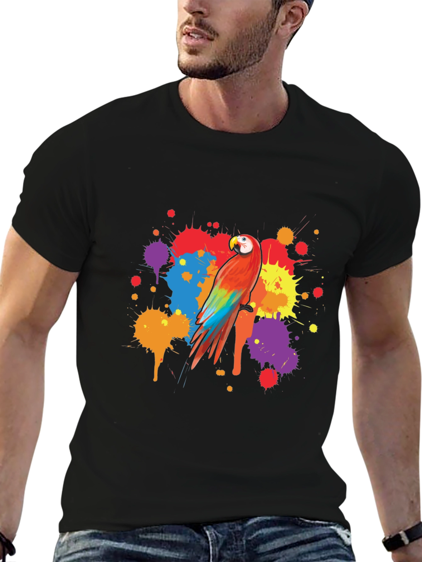 Vibrant Parrot Graphic Tee - Stylish Mens Black T-Shirt