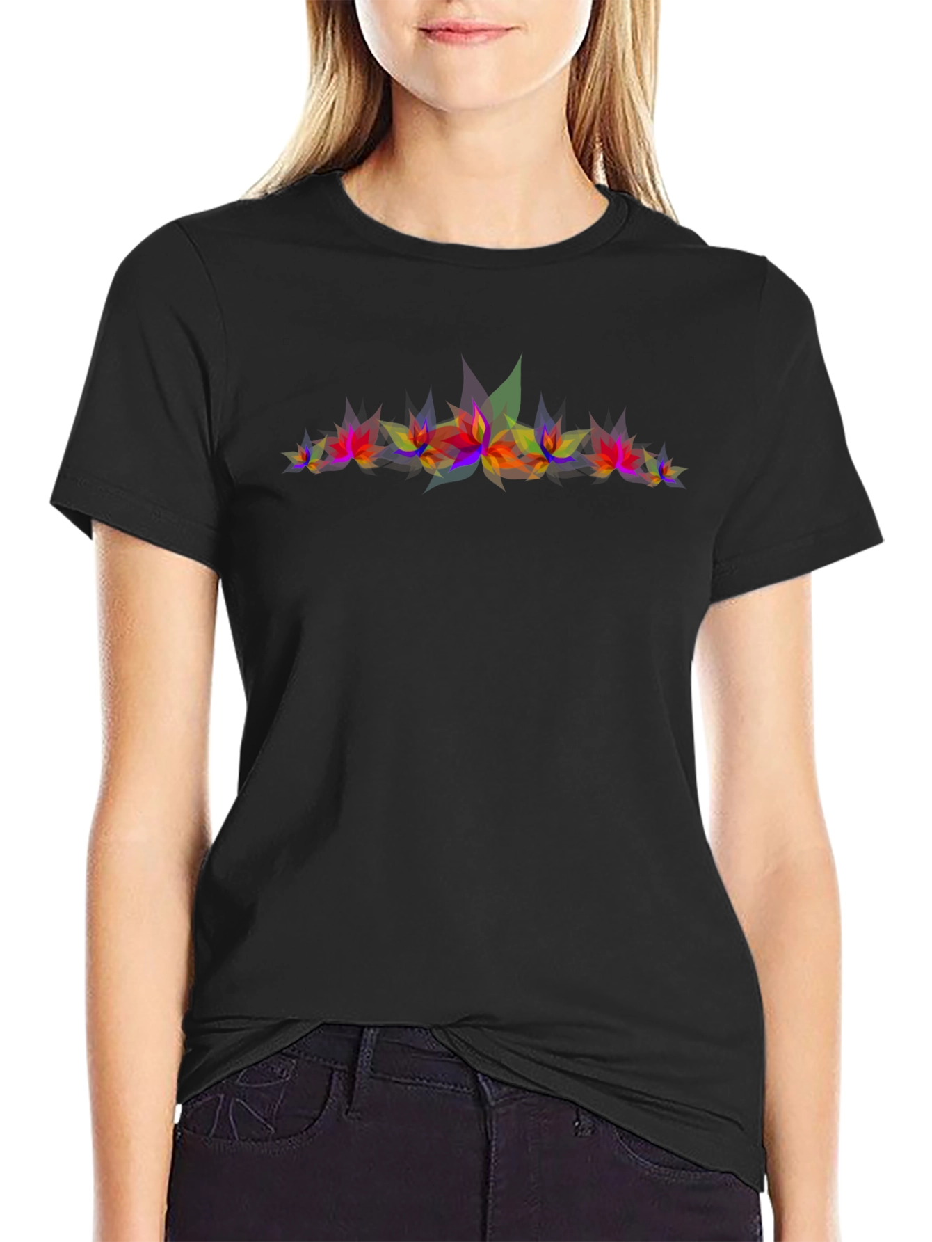 Abstract Geometric Leaves Graphic Print Black T-Shirt