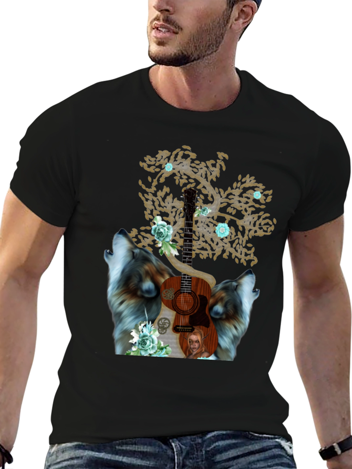 Wolf Guitar Tree Mens Graphic Tee