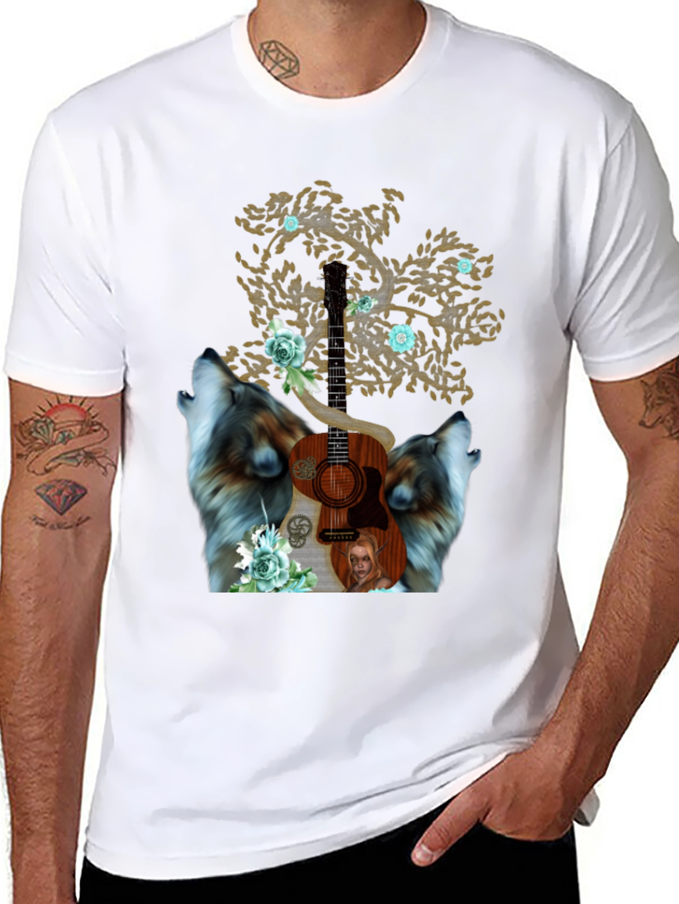 Wolf Guitar Tree Mens Graphic Tee