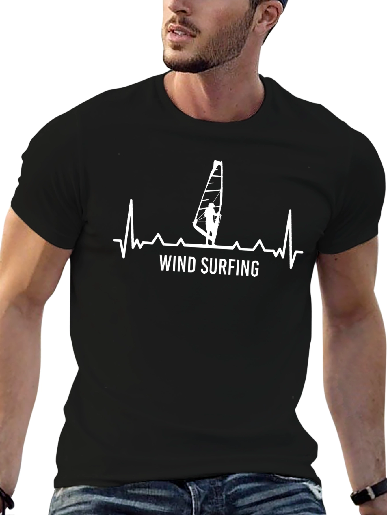 Wind Surfing Heartbeat T-Shirt - Black Cotton Tee
