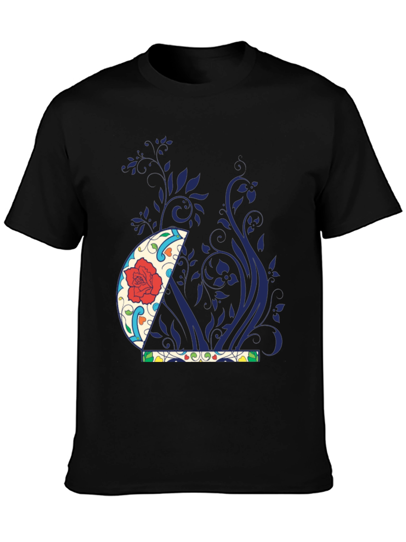 Floral Crescent Moon Graphic Tee - Black