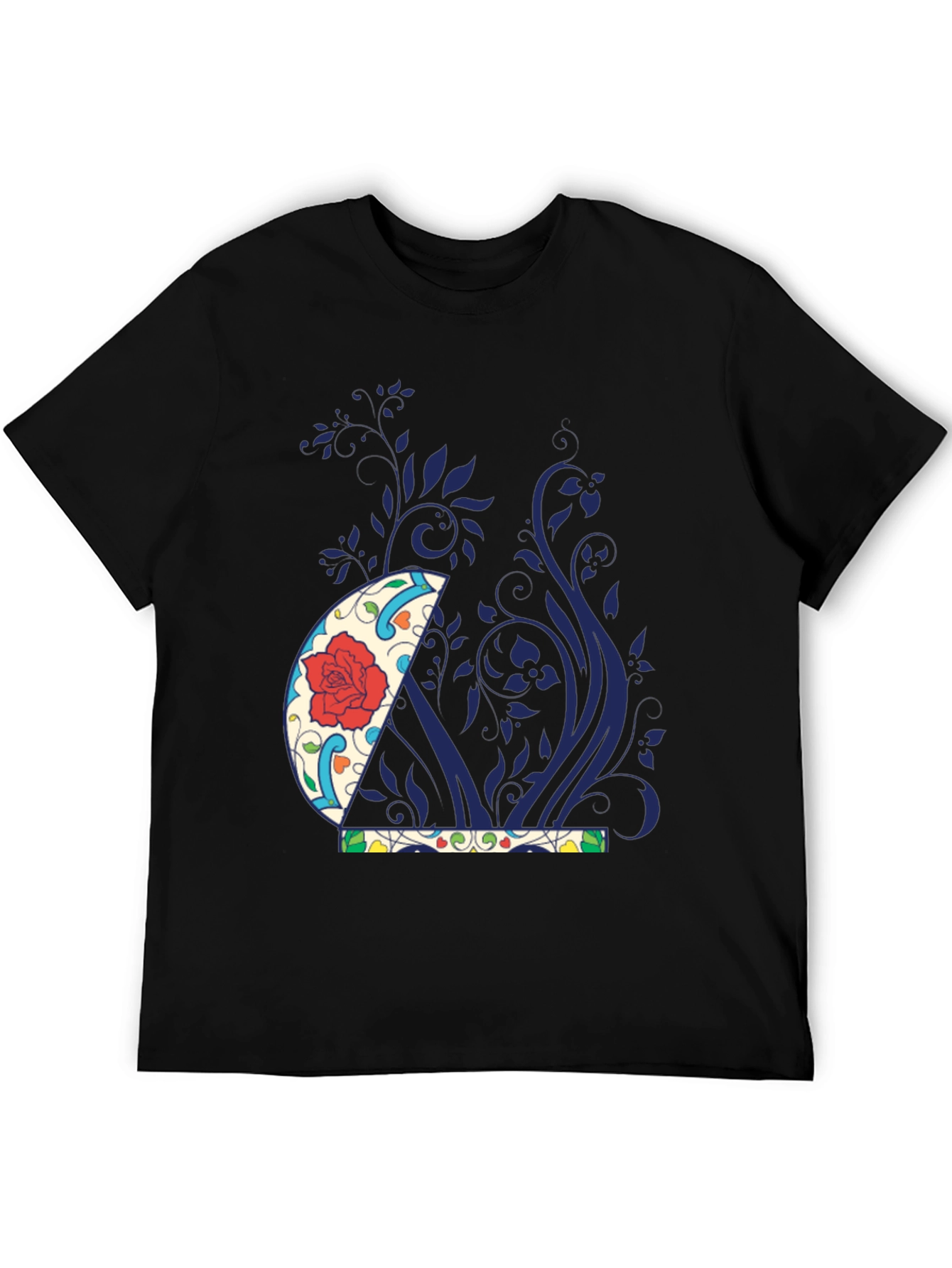Floral Crescent Moon Graphic Tee - Black