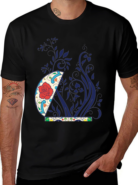 Floral Crescent Moon Graphic Tee - Black