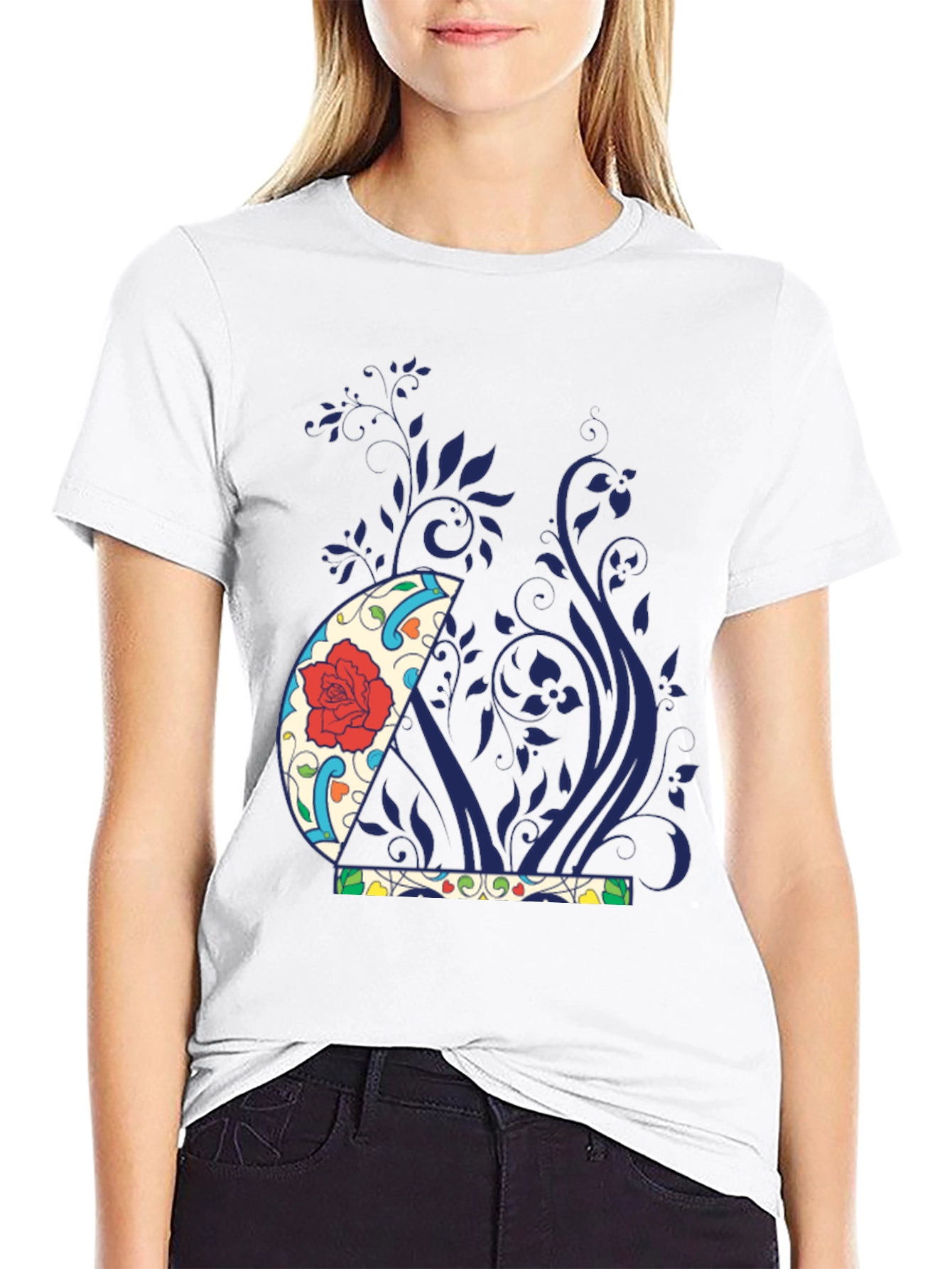 Floral Crescent Moon Graphic Tee - Black
