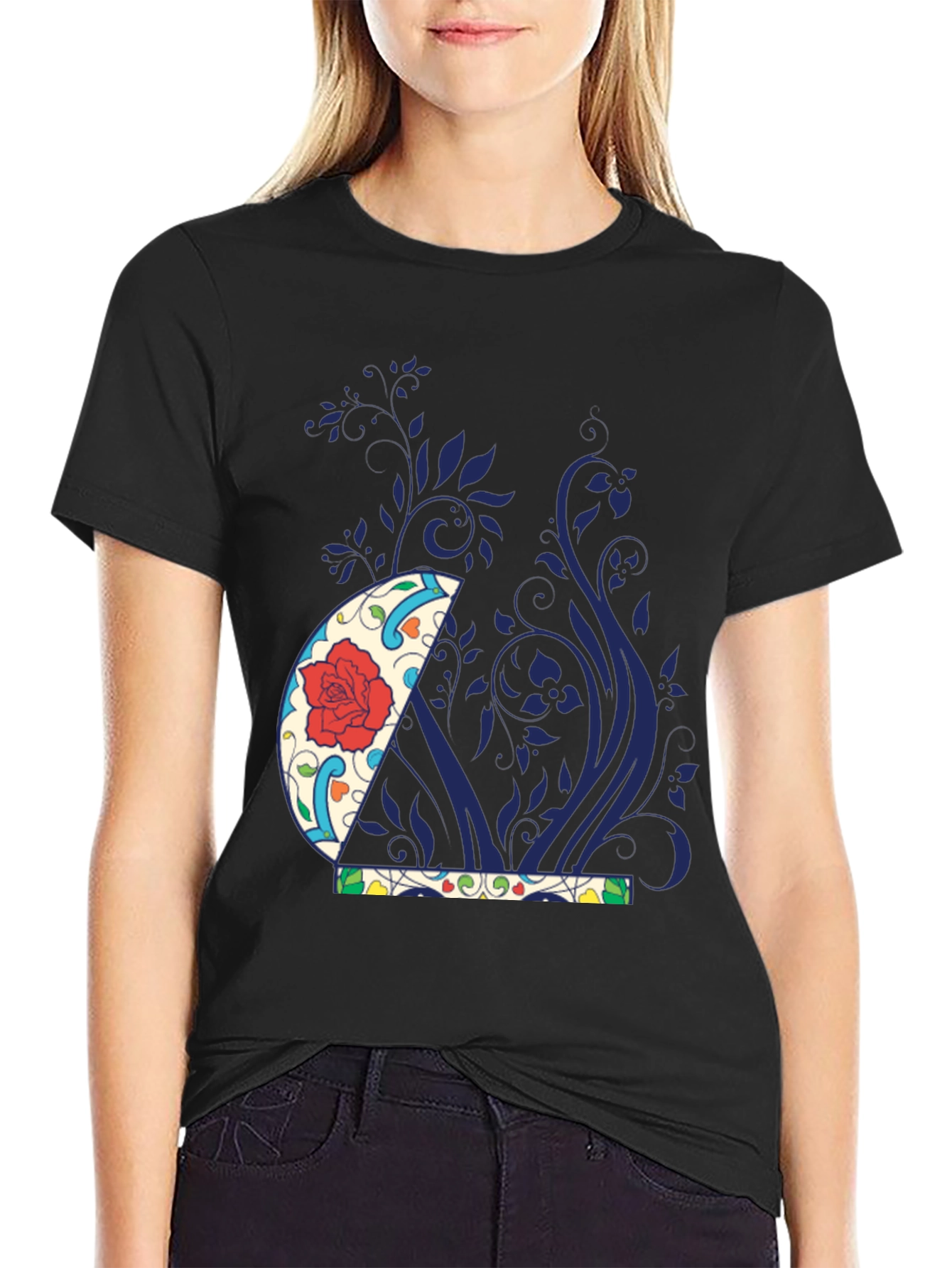 Floral Crescent Moon Graphic Tee - Black