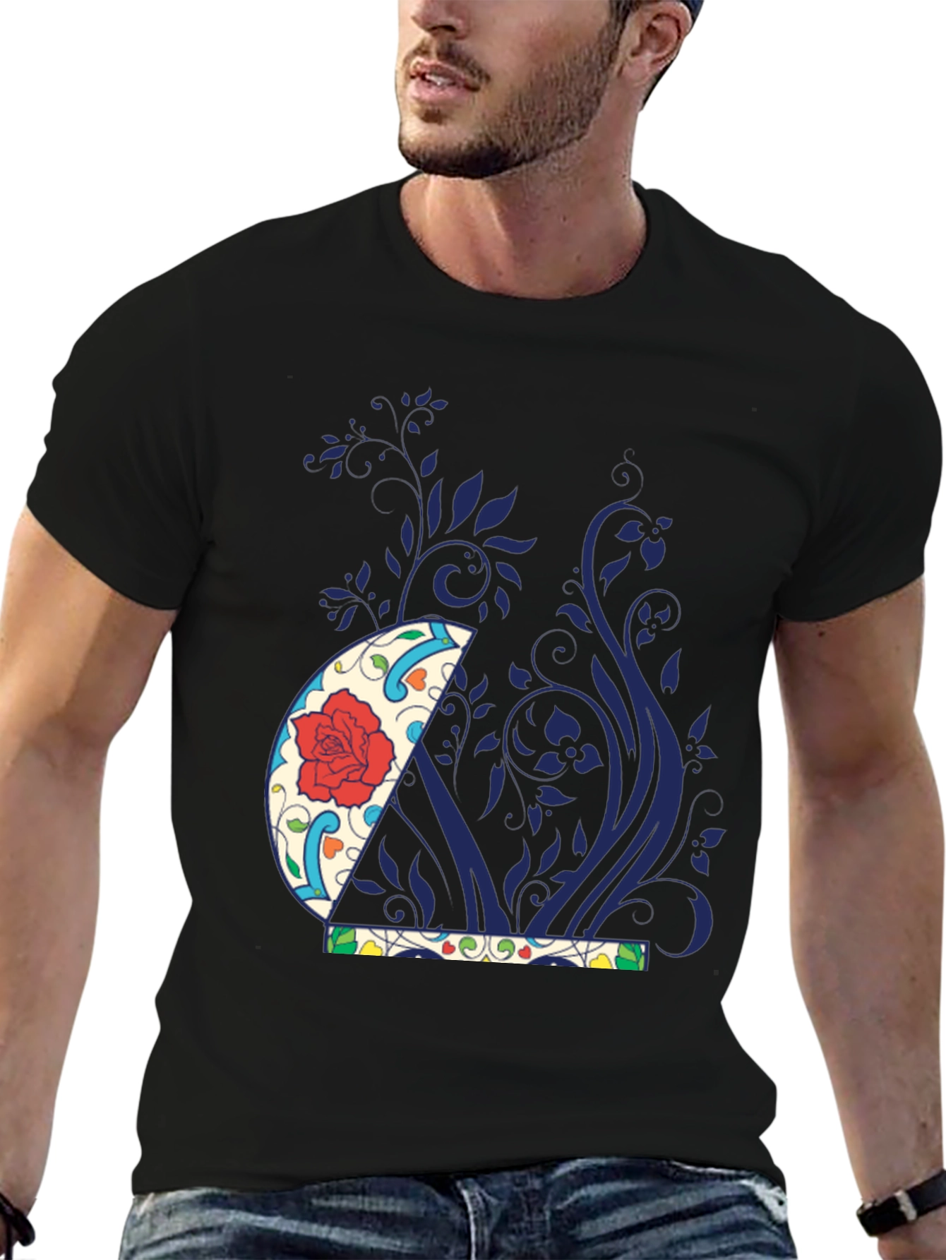 Floral Crescent Moon Graphic Tee - Black