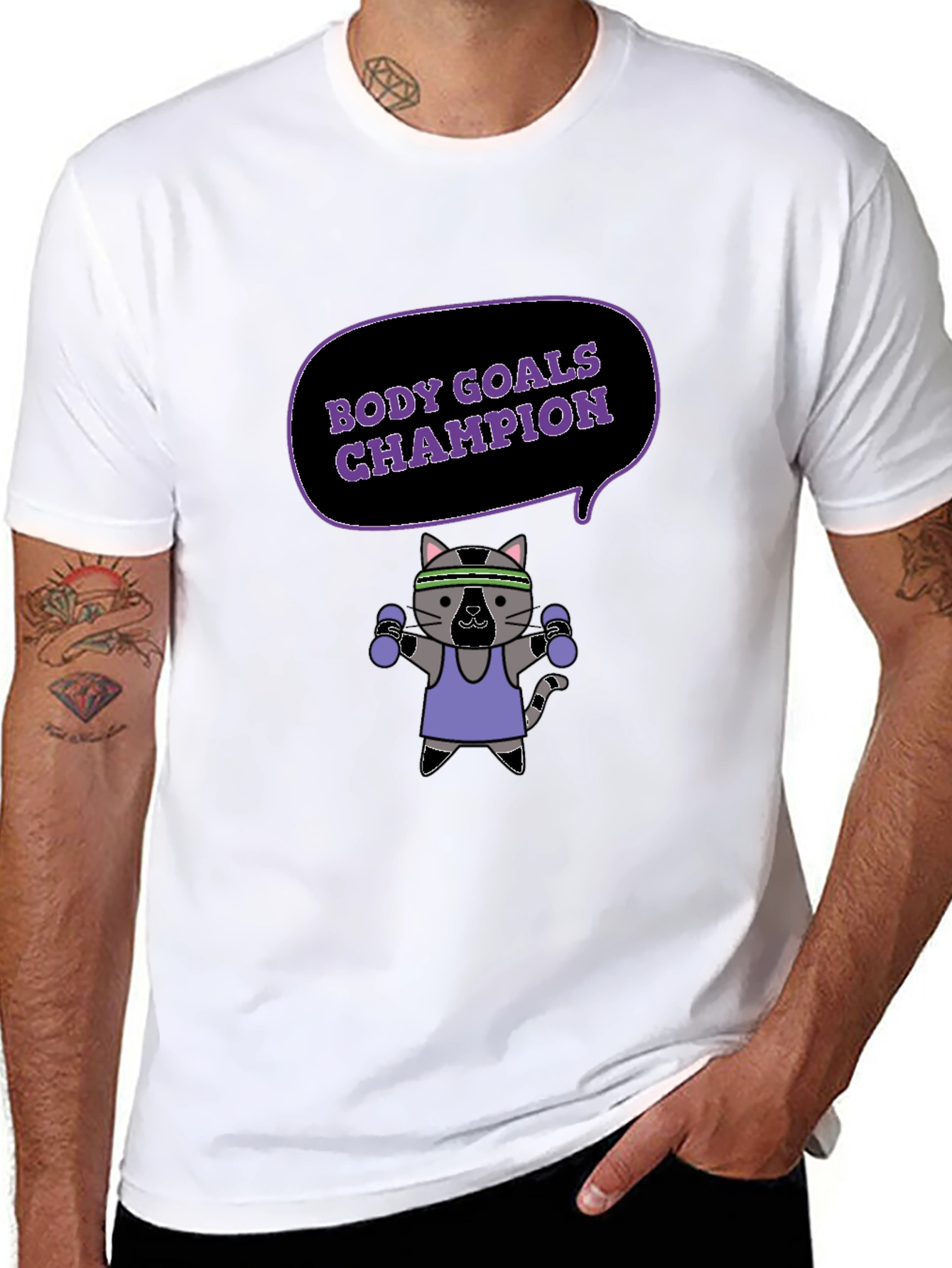 Body Goals Champion T-Shirt - Fitness Cat Design
