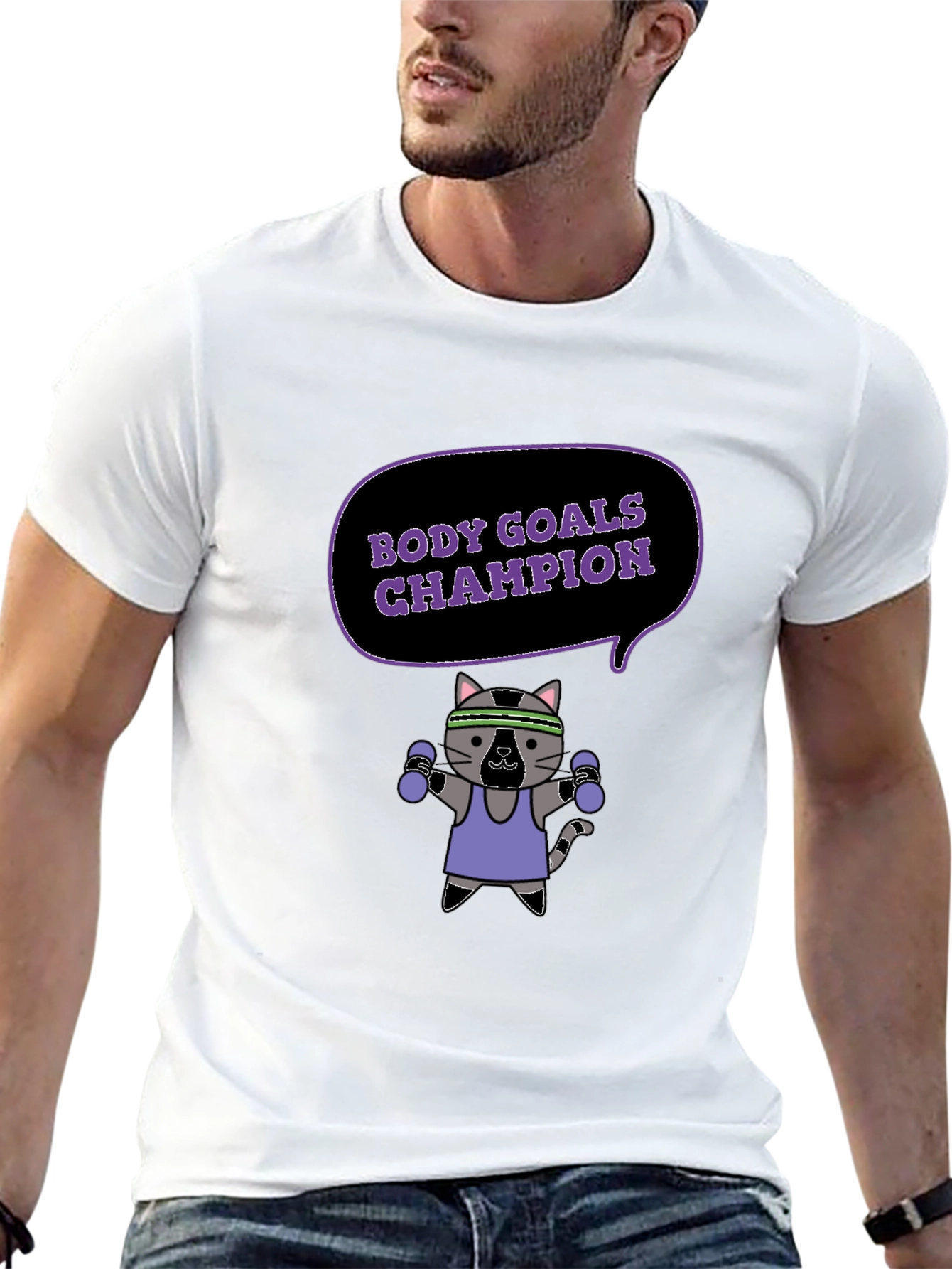 Body Goals Champion T-Shirt - Fitness Cat Design