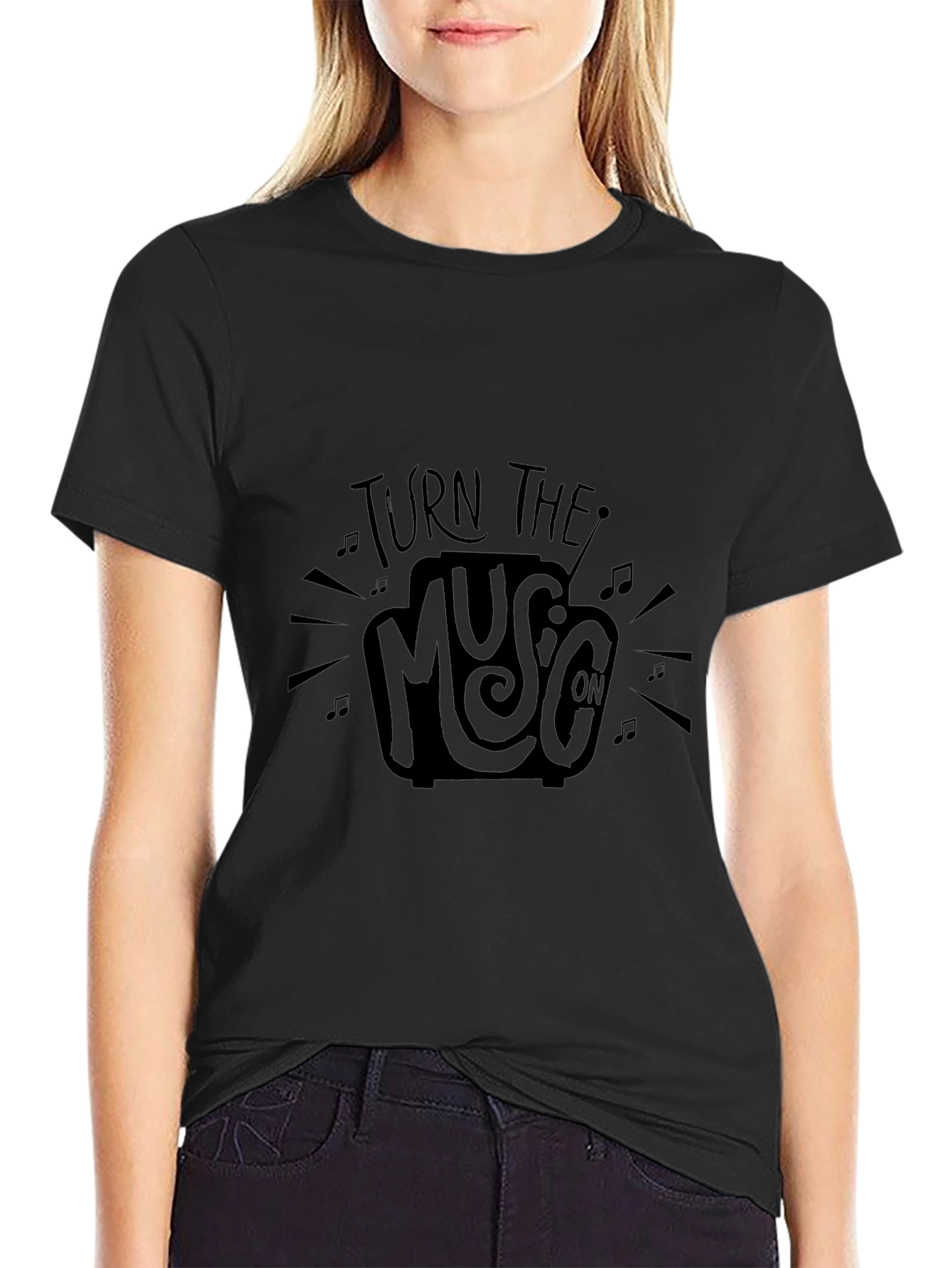 Turn the Music On Black Graphic Tee