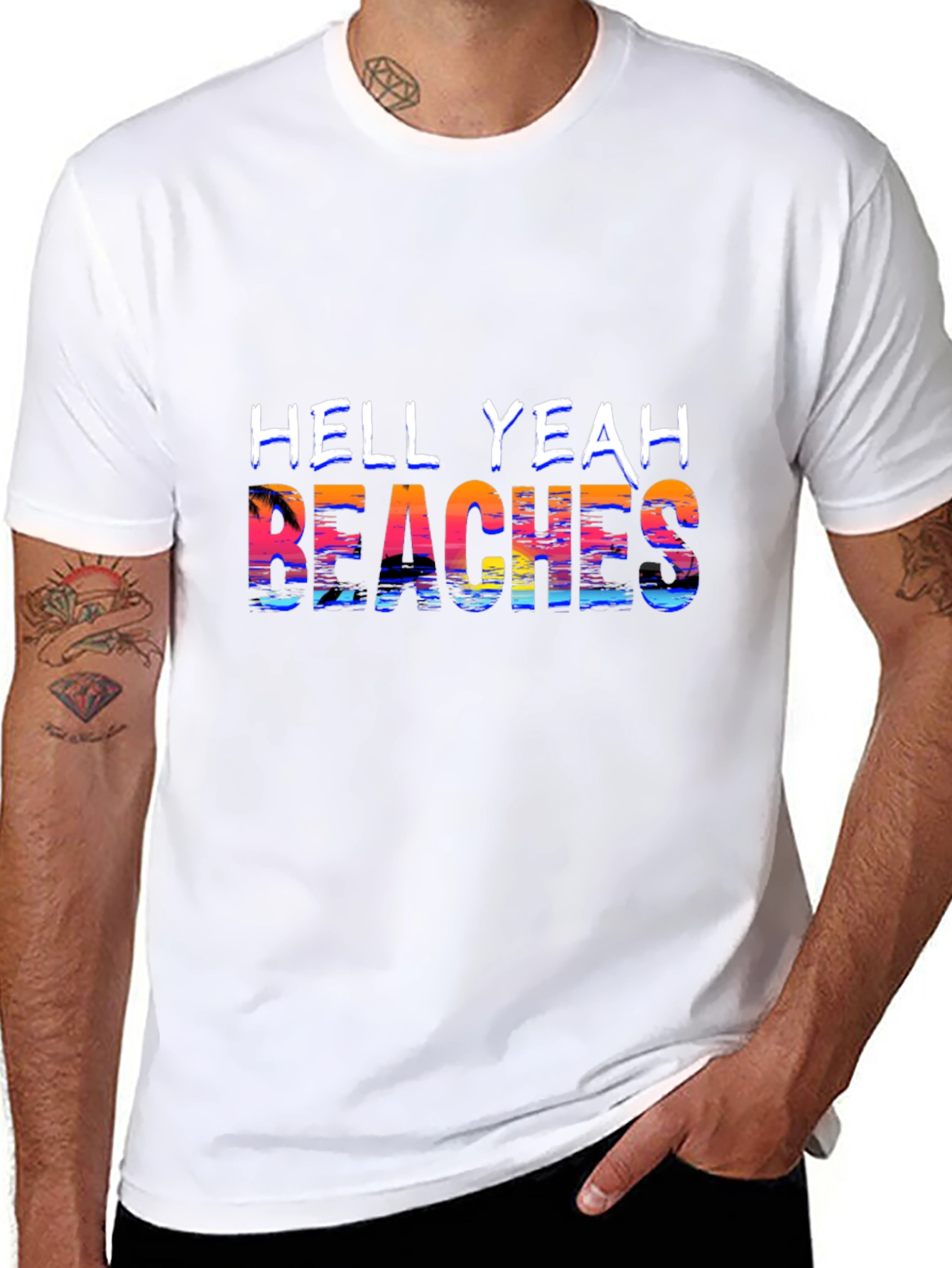 Hell Yeah Beaches T-Shirt - Tropical Sunset Design