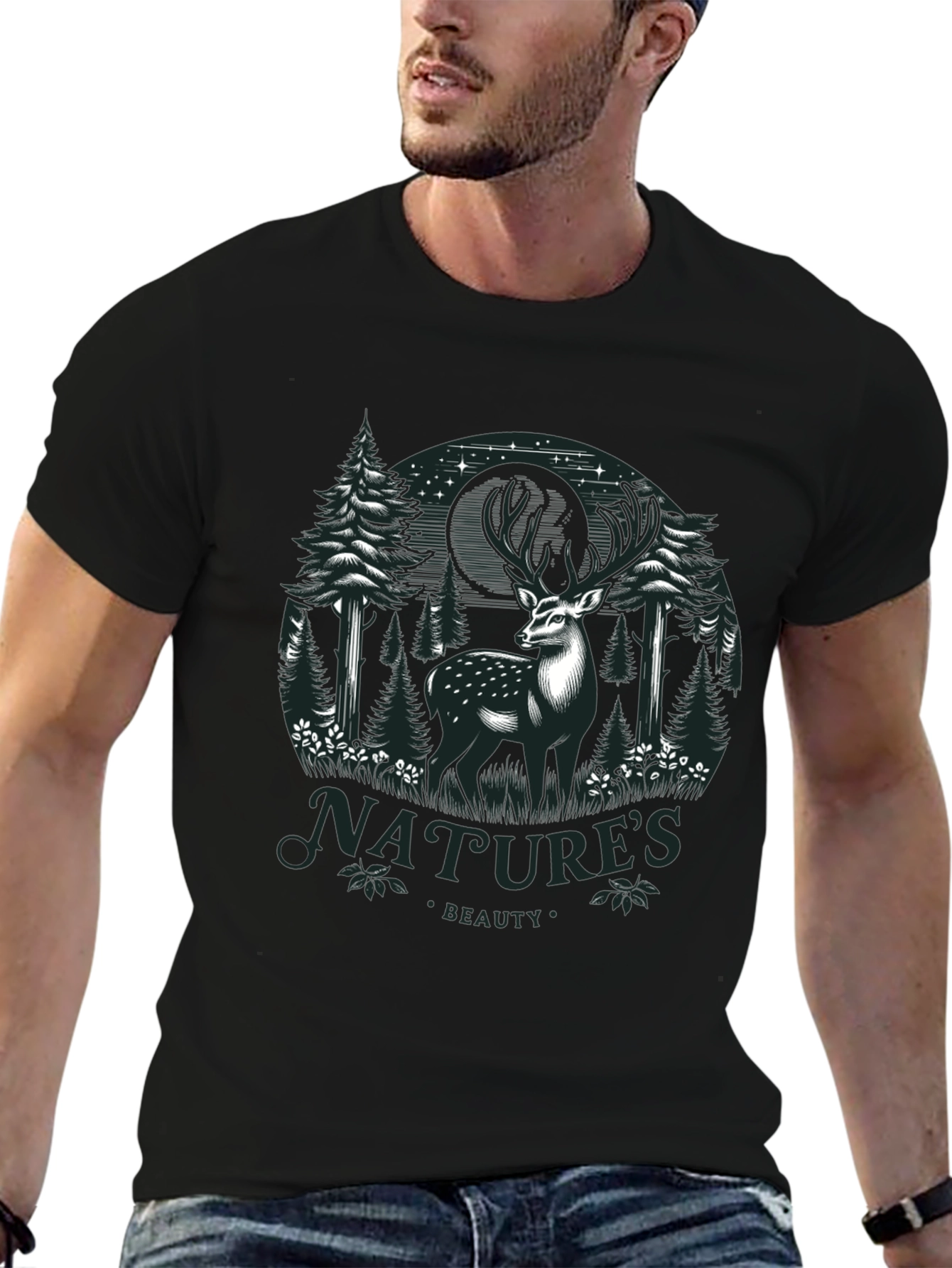 Natures Beauty Deer Graphic Black T-Shirt
