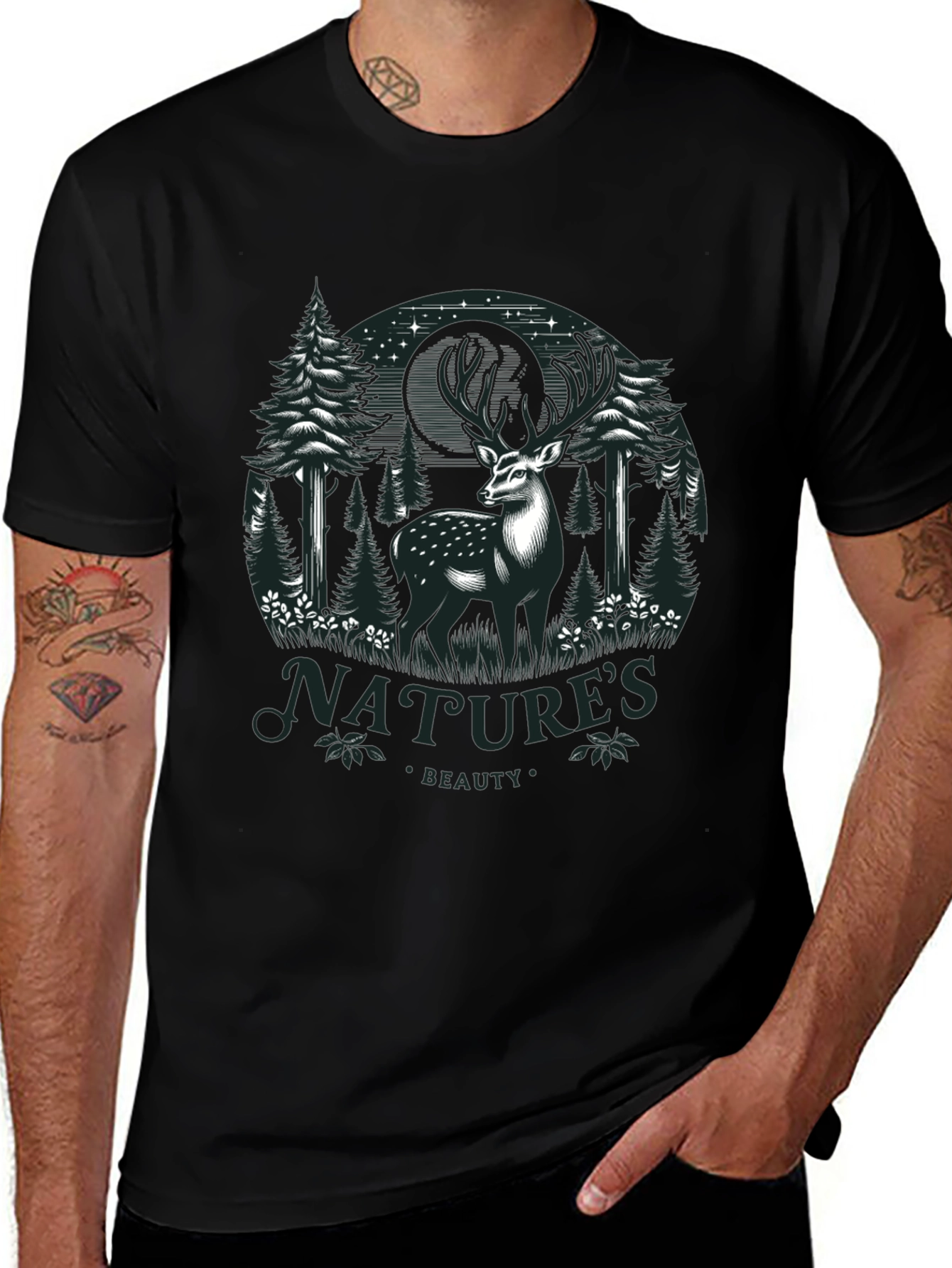 Natures Beauty Deer Graphic Black T-Shirt