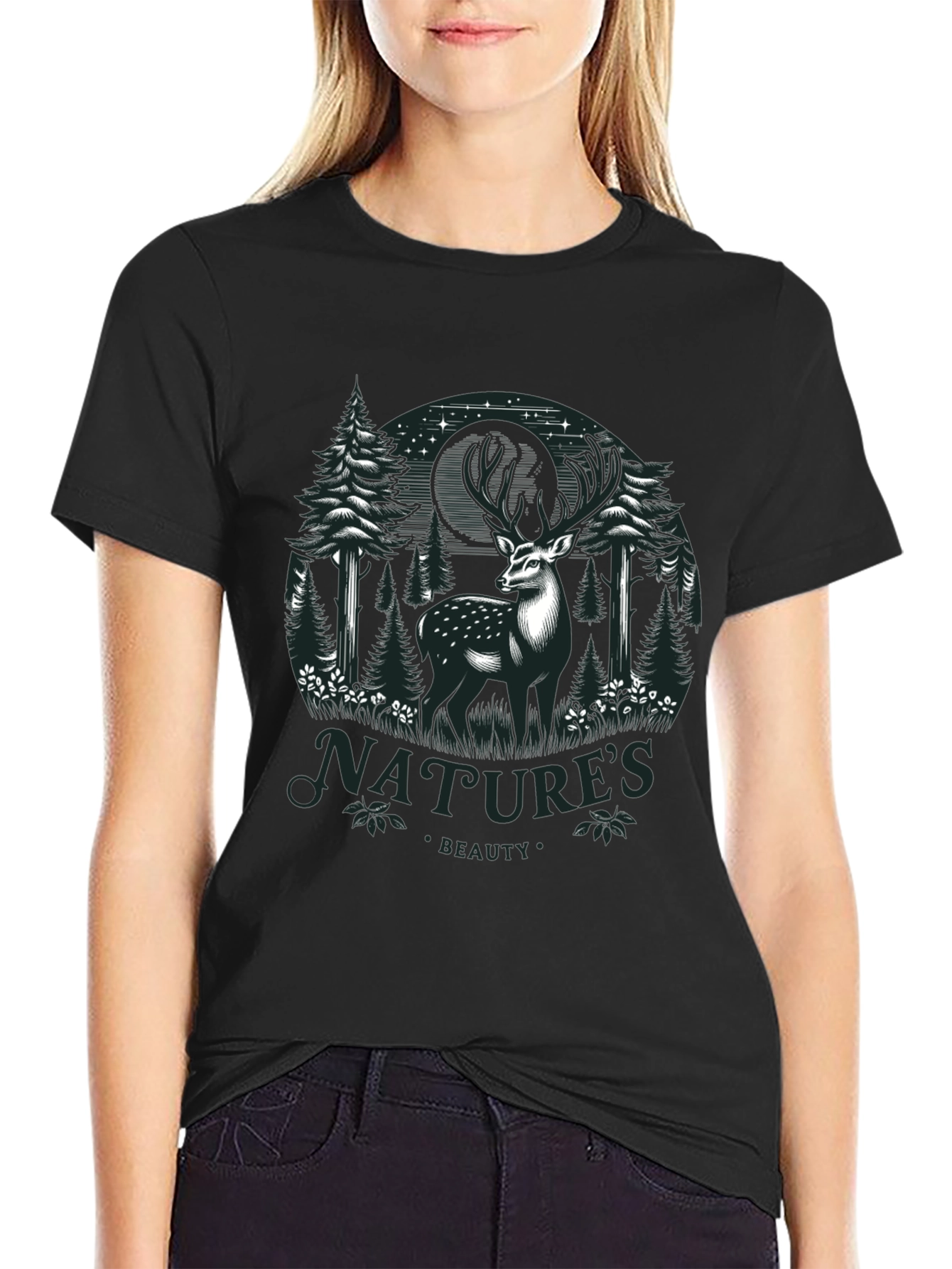 Natures Beauty Deer Graphic Black T-Shirt