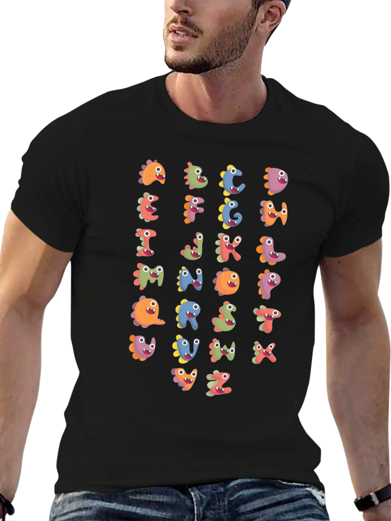Fun Alphabet Dinosaur Print Black T-Shirt