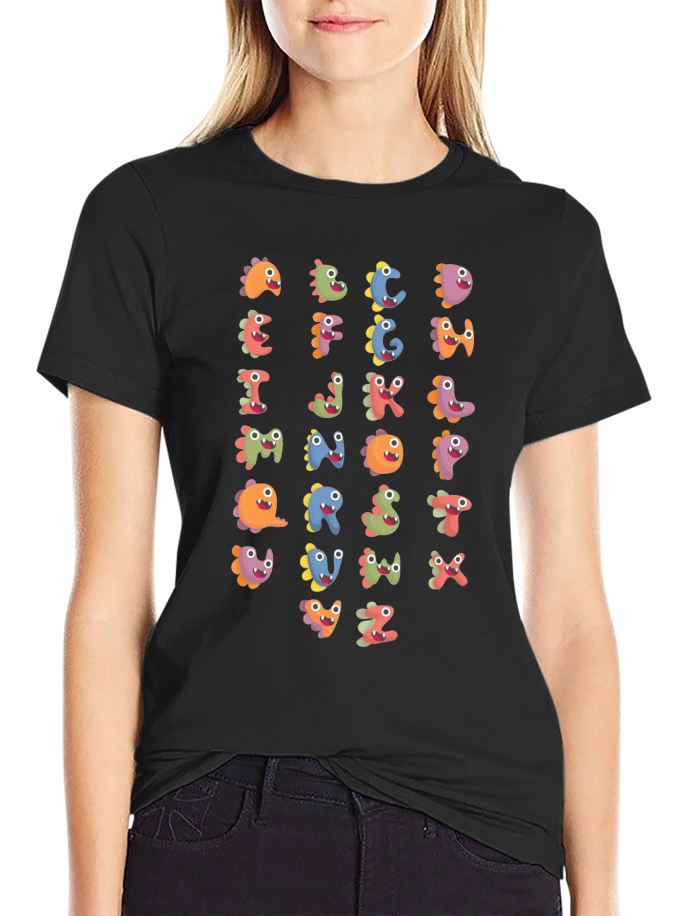 Fun Alphabet Dinosaur Print Black T-Shirt